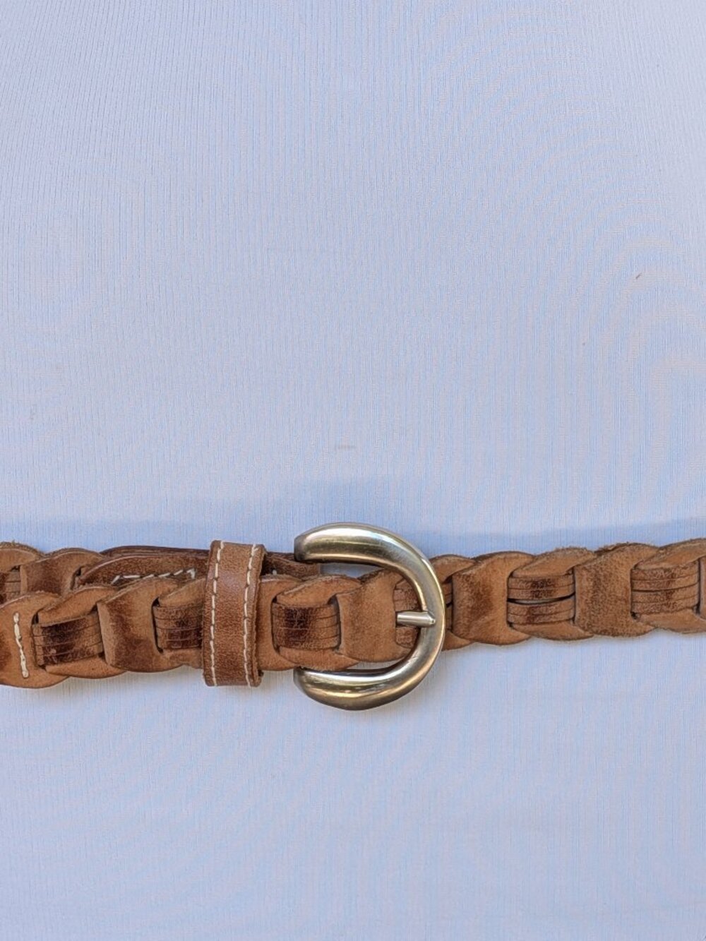 Tan Genuine Leather Womens Woven Link Belt with Silver Buckle Size S/M